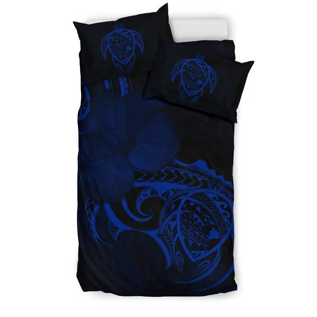 Hawaiian Map Turtle Hibiscus Divise Blue Polynesian Bedding Set