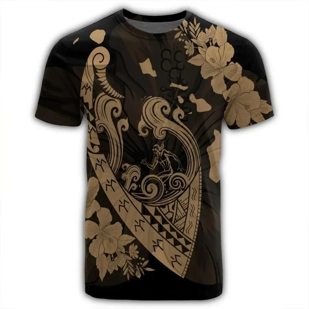 Alohawaii Tee - Hawaiian Fish Hook Hibiscus Banzai Surfing Polynesian T-Shirt Gold - AH - J5R