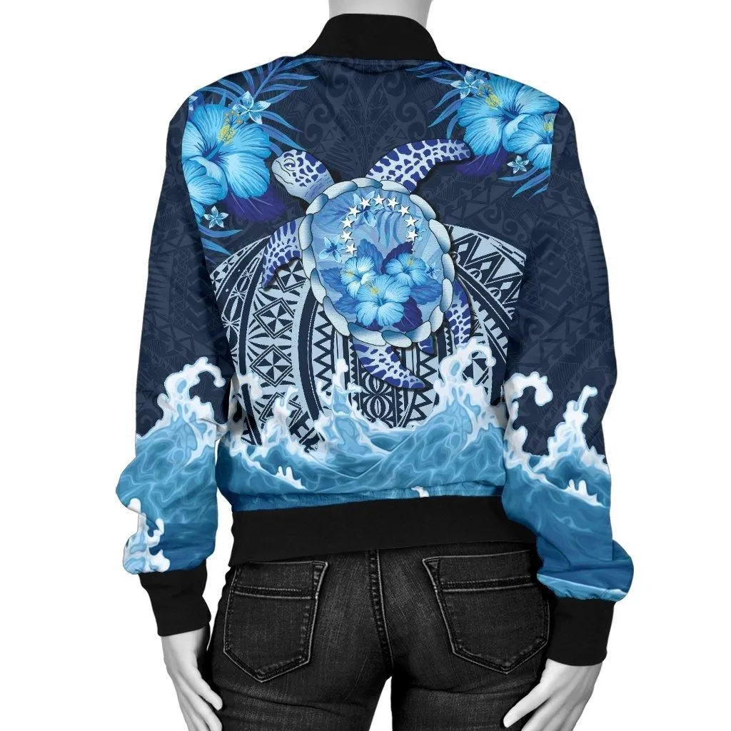 Cook Islands Polynesian Sea Turtle Hibiscus Bomber Jacket for Women