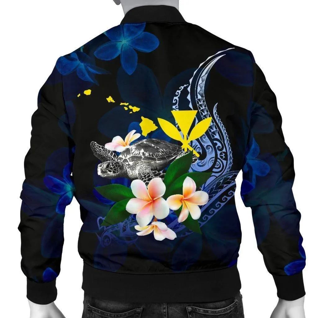 Polynesian Hawaii Mens Bomber Jacket - Turtle With Plumeria Flowers