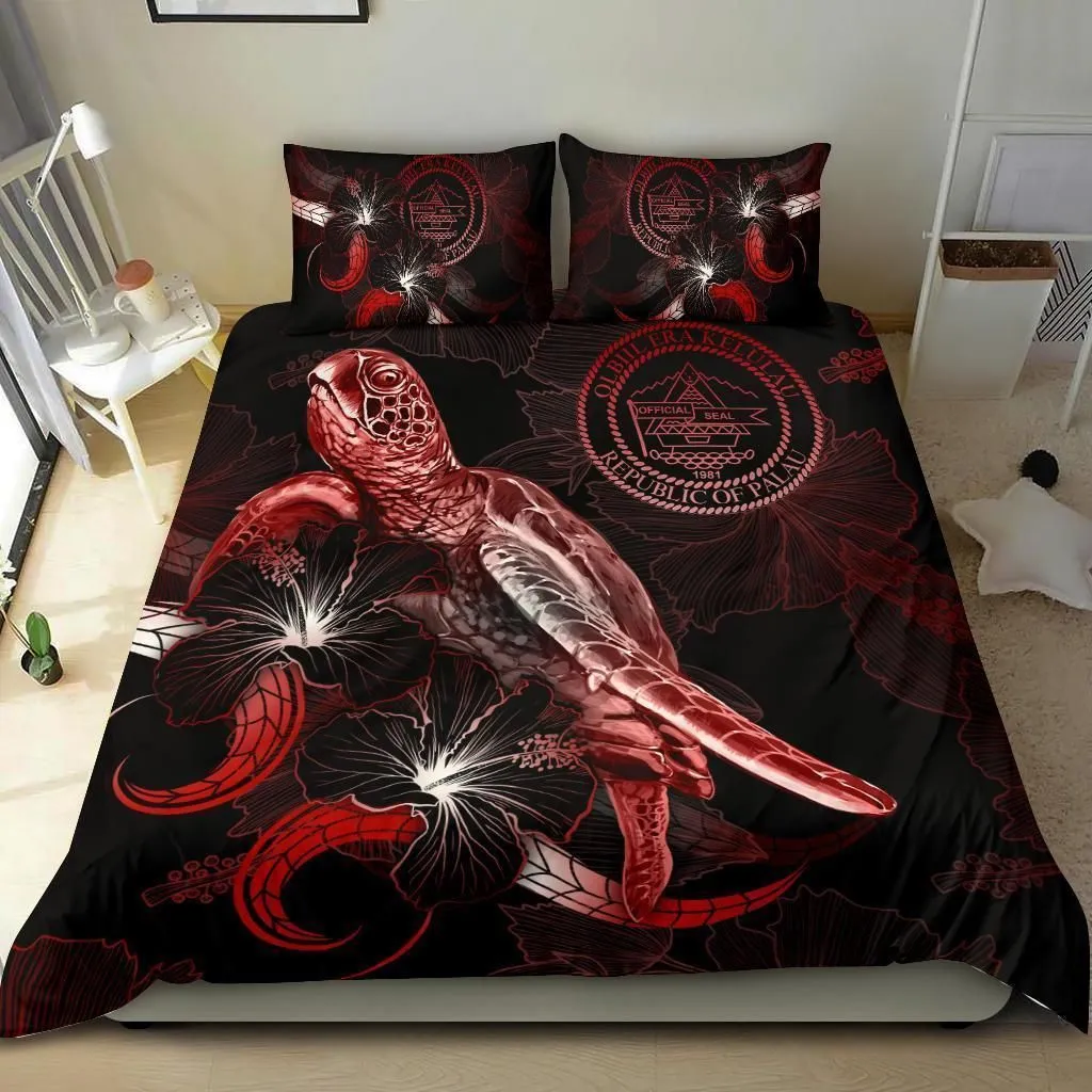 Palau Polynesian Bedding Set - Turtle With Blooming Hibiscus Red