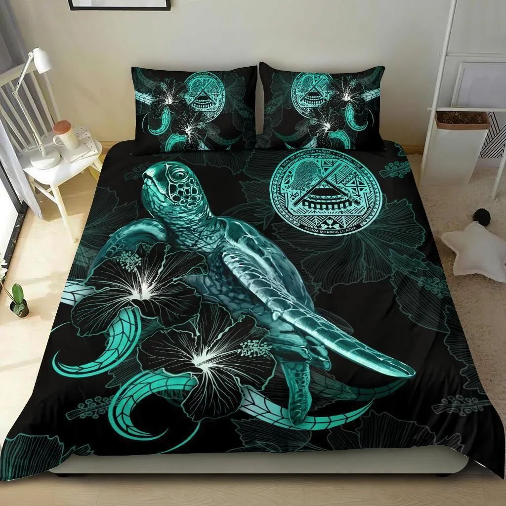 American Samoa Polynesian Bedding Set - Turtle With Blooming Hibiscus Turquoise