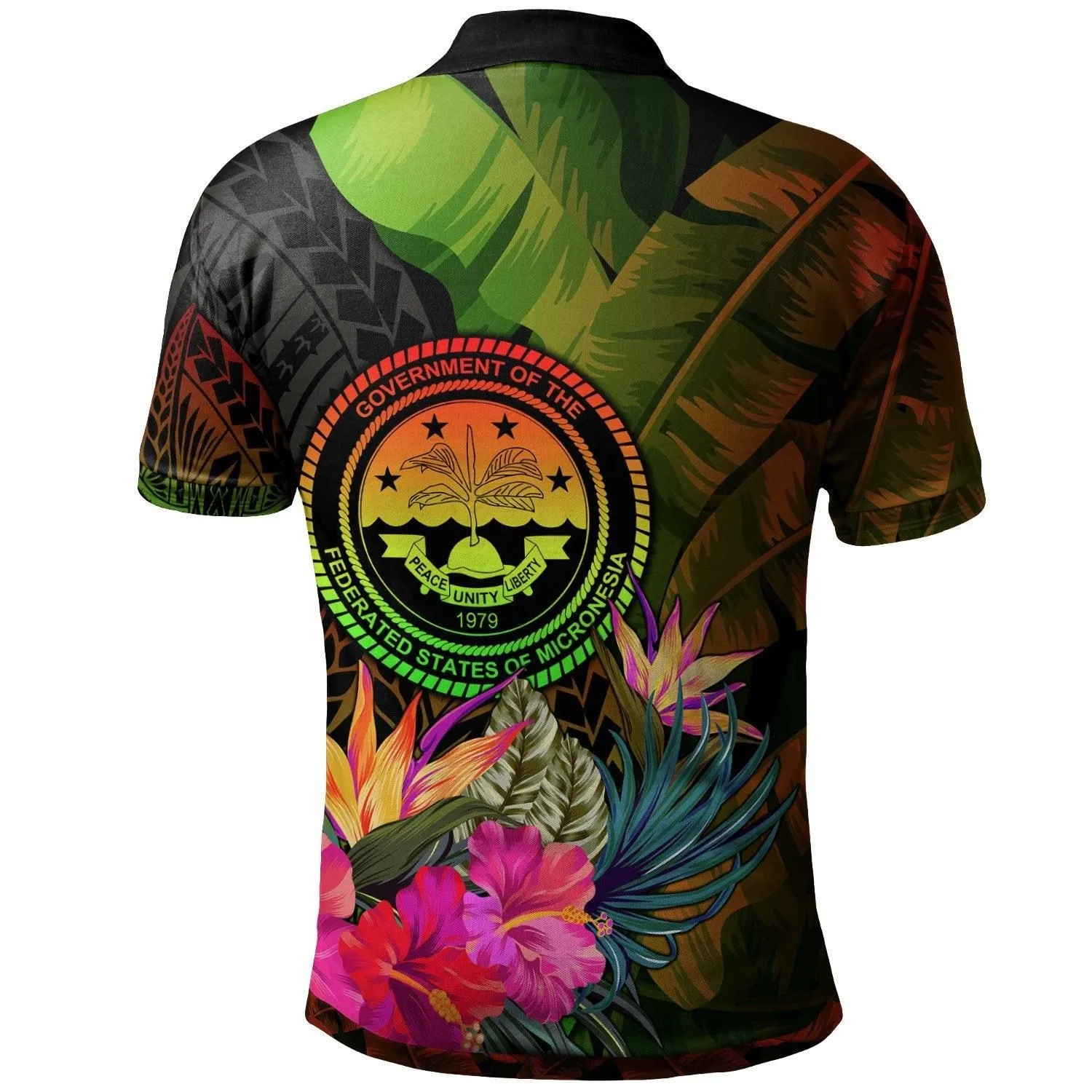 Federated States of Micronesia Polynesian Polo Shirt -  Hibiscus and Banana Leaves