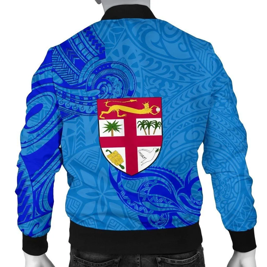 Blue Men Bomber Jacket Fiji Rugby Polynesian Waves Style