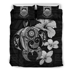 Alohawaii Bedding Set - Cover and Pillow Cases Tuvalu Islands Hibiscus Plumeria Mix Polynesian Gray Turtle - J1