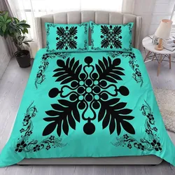 FamilyGater Home Set - Hawaiian Quilt Maui Plant And Hibiscus Pattern Bedding Set - Black Turquoise - AH J8