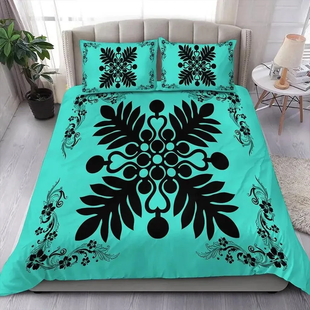FamilyGater Home Set - Hawaiian Quilt Maui Plant And Hibiscus Pattern Bedding Set - Black Turquoise - AH J8