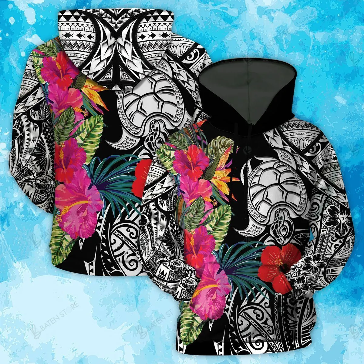 Turtle Polynesian Hawaiian Hibiscus Flower 3D Hoodie Full-Zip Hoodie Sweatshirt T-Shirt