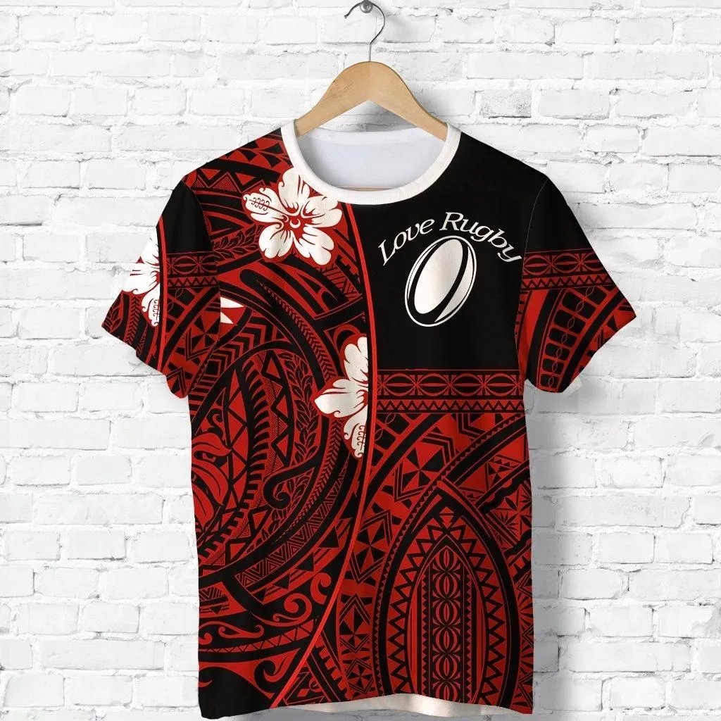(Custom Personalised) Polynesian Rugby T Shirt Love Red - Custom Text And Number