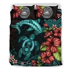 FamilyGater Bedding Set - Cover and Pillow Cases American Samoa Shark and Turtle Turquoise Hibiscus TH5