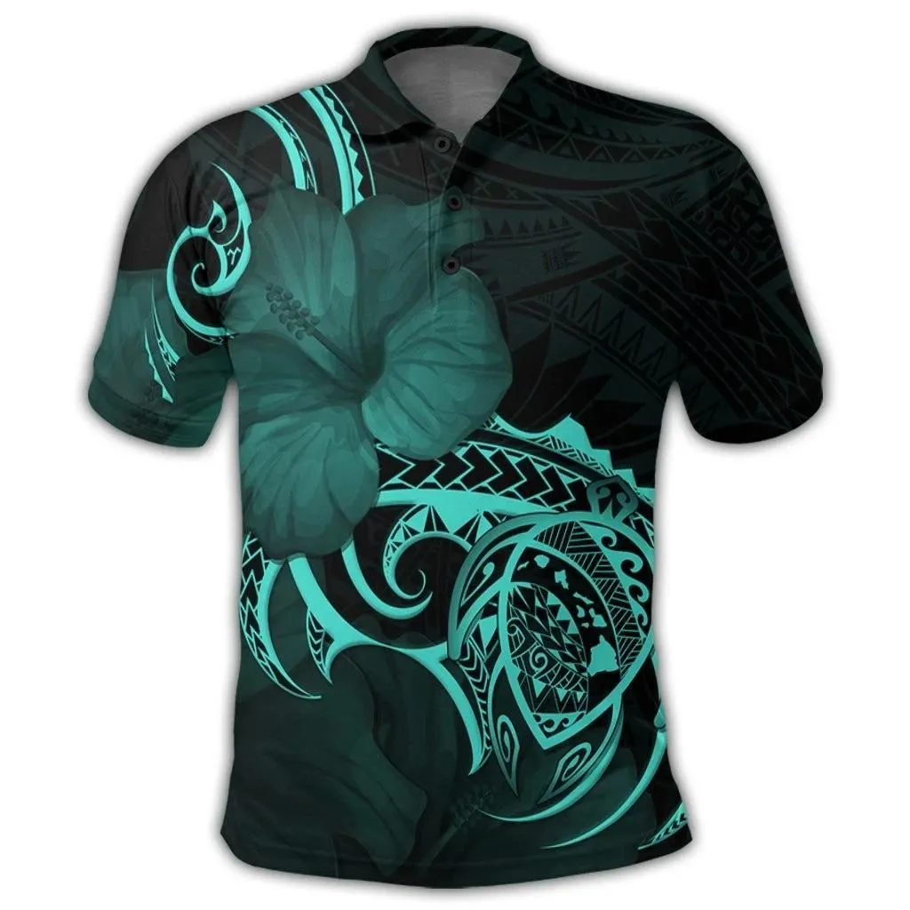 Alohawaii Shirt - Hawaii Map Turtle Hibiscus Divise Polynesian Polo Shirt Turquoise - AH - JR