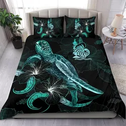 New Caledonia Polynesian Bedding Set - Turtle With Blooming Hibiscus Turquoise
