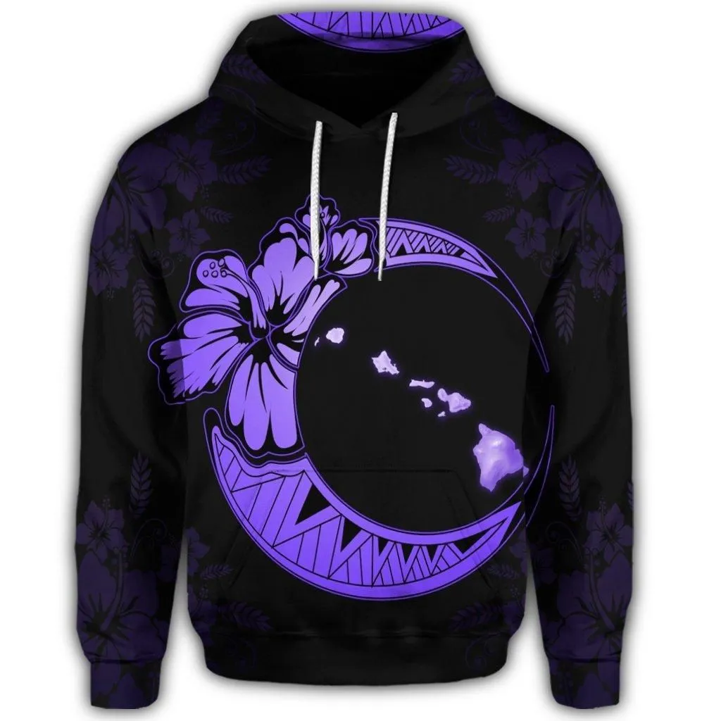 Hawaiian Map Hibiscus Turtle Polynesian Moon Hoodie Purple