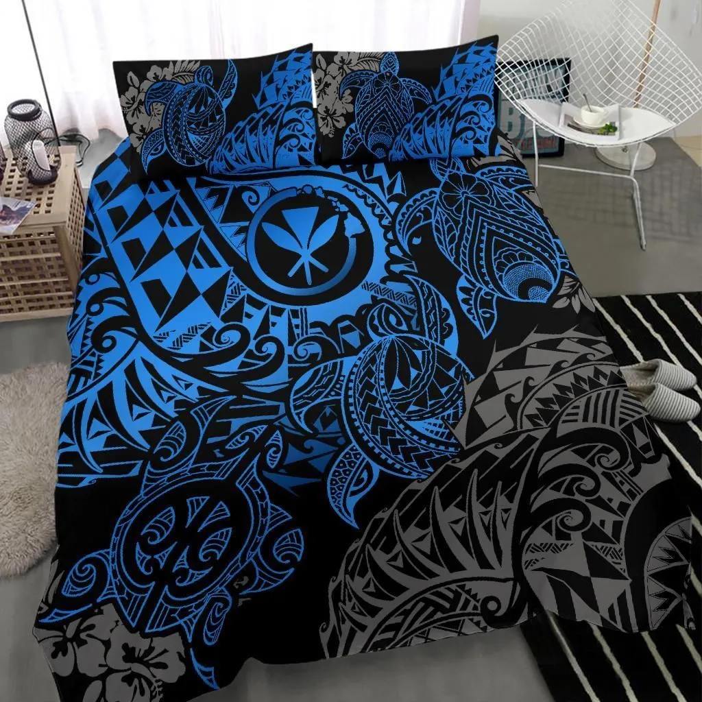 Polynesian Hawaii (Kanaka Maoli) Bedding Set - Blue Hibiscus Turtle Flowing - Bn11