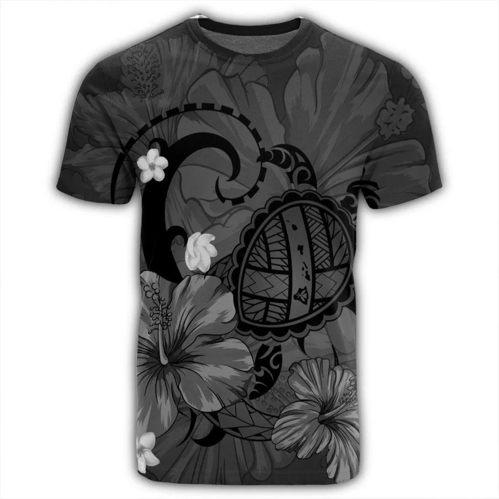 Hawaiian Map Big Turtle Hibiscus Plumeria Tribal Polynesian T-Shirt - Gray - AH
