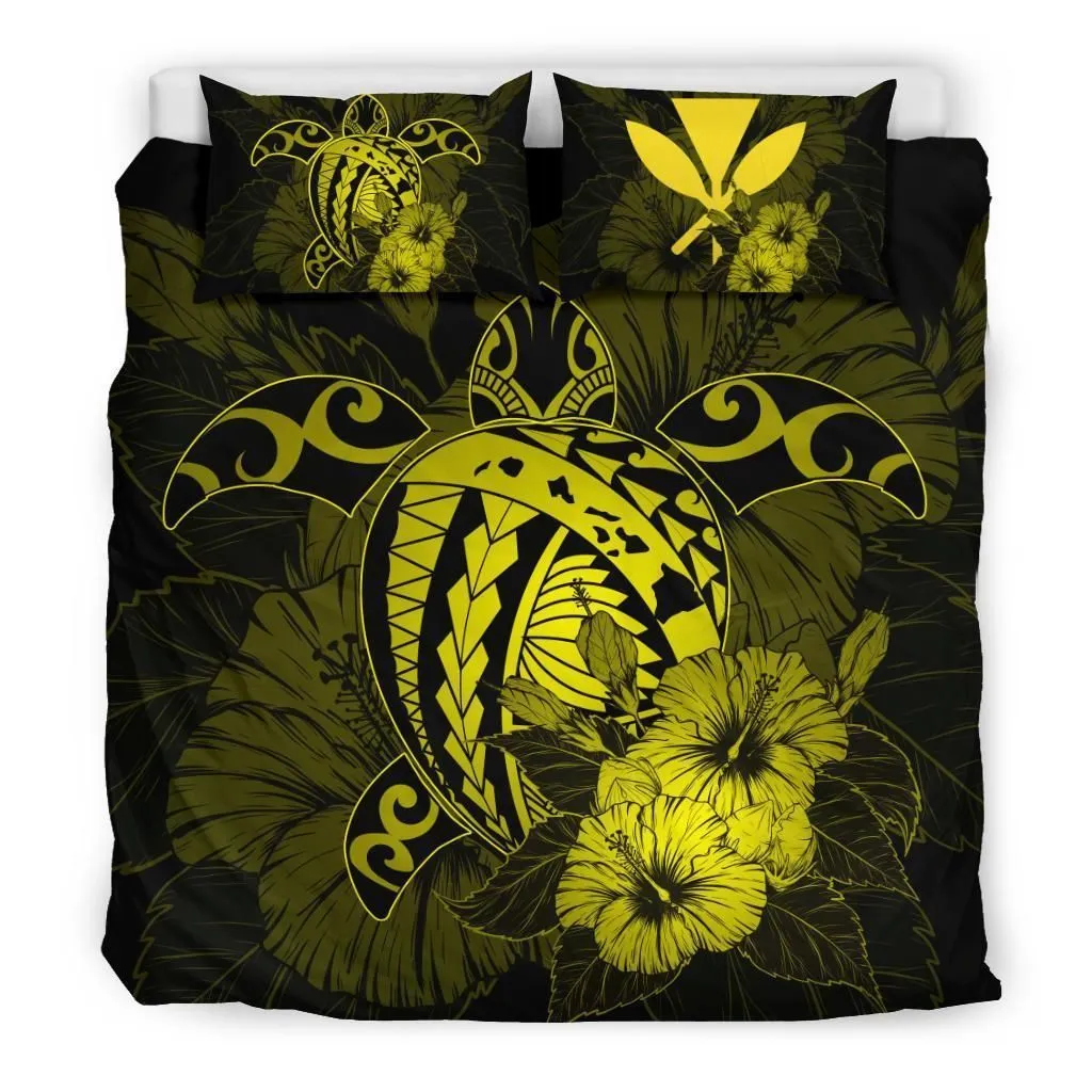 Hawaiian Map Hibiscus Kanaka Polynesian Bedding Set - Harold Turtle - Yellow