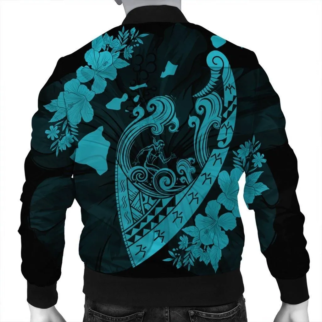 Hawaiian Fish Hook Hibiscus Banzai Surfing Polynesian Bomber Jacket Blue
