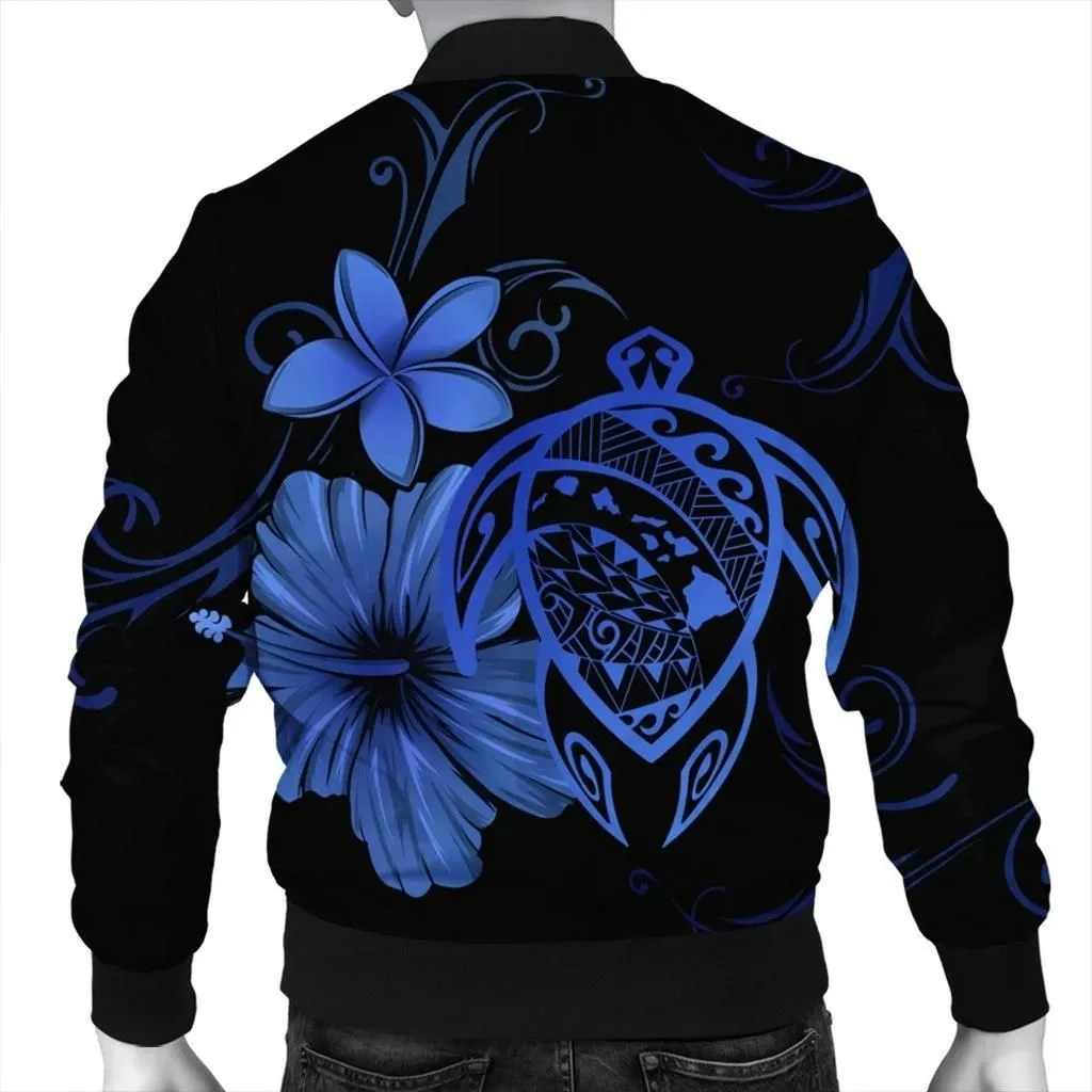Alohawaii Jacket - Hawaiian Map Turtle Hibiscus Plumeria Polynesian Bomber Jacket - Blue - AH - J4R