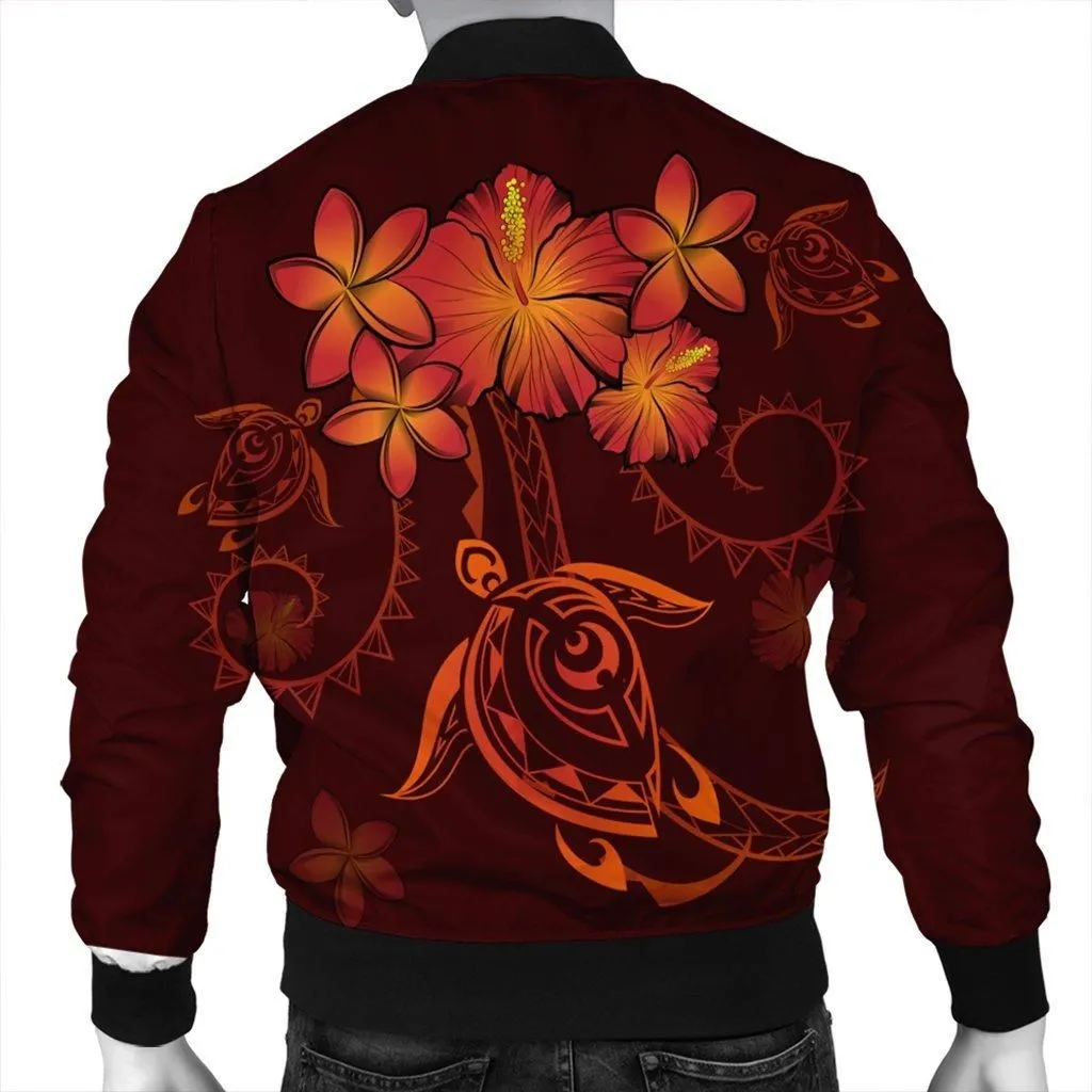 Hawaiian Turtles Hibiscus Plumeria Polynesian Bomber Jacket - Red - AH