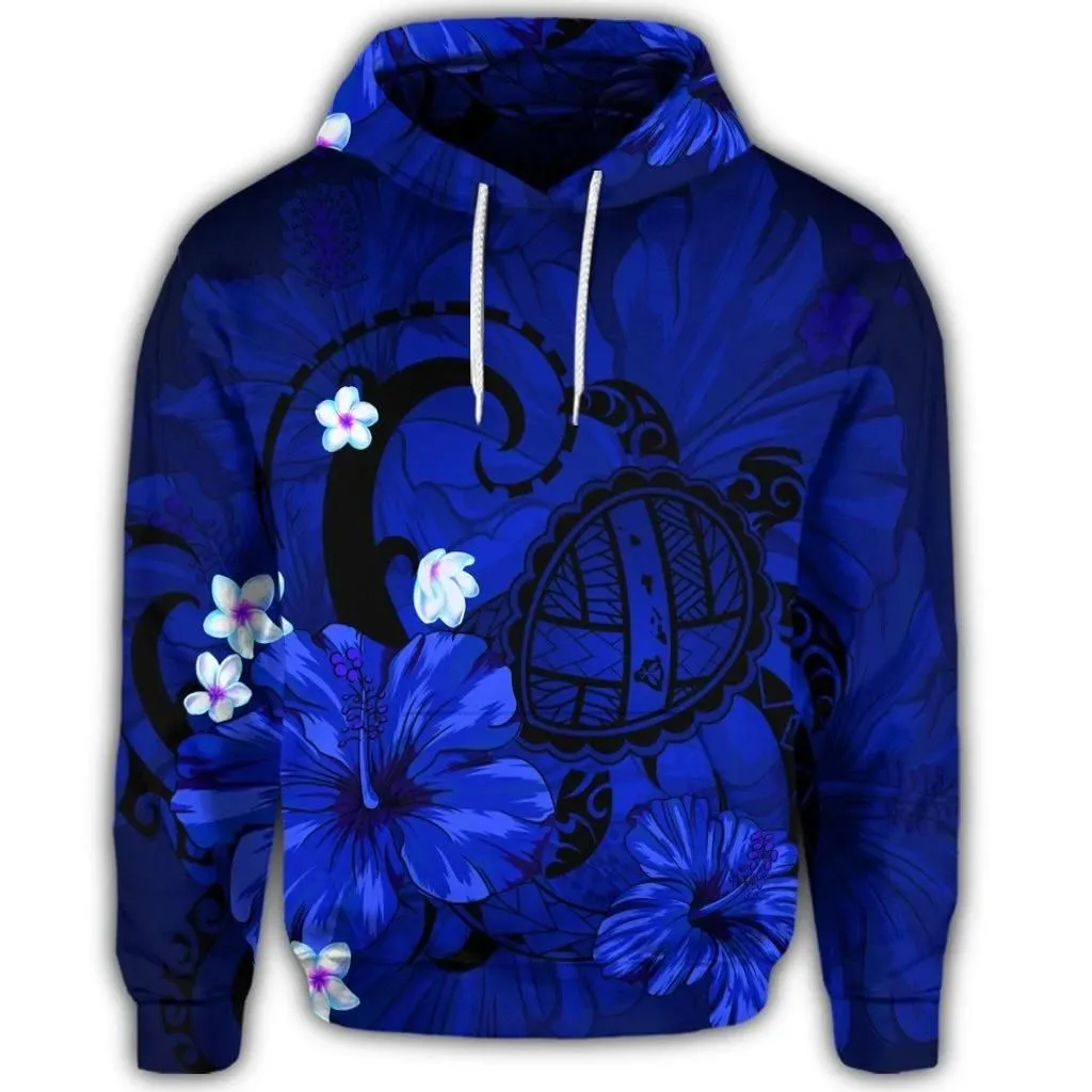Alohawaii Hoodie - Hawaiian Map Big Turtle Hibiscus Plumeria Tribal Polynesian Hoodie - Blue - AH - J6R
