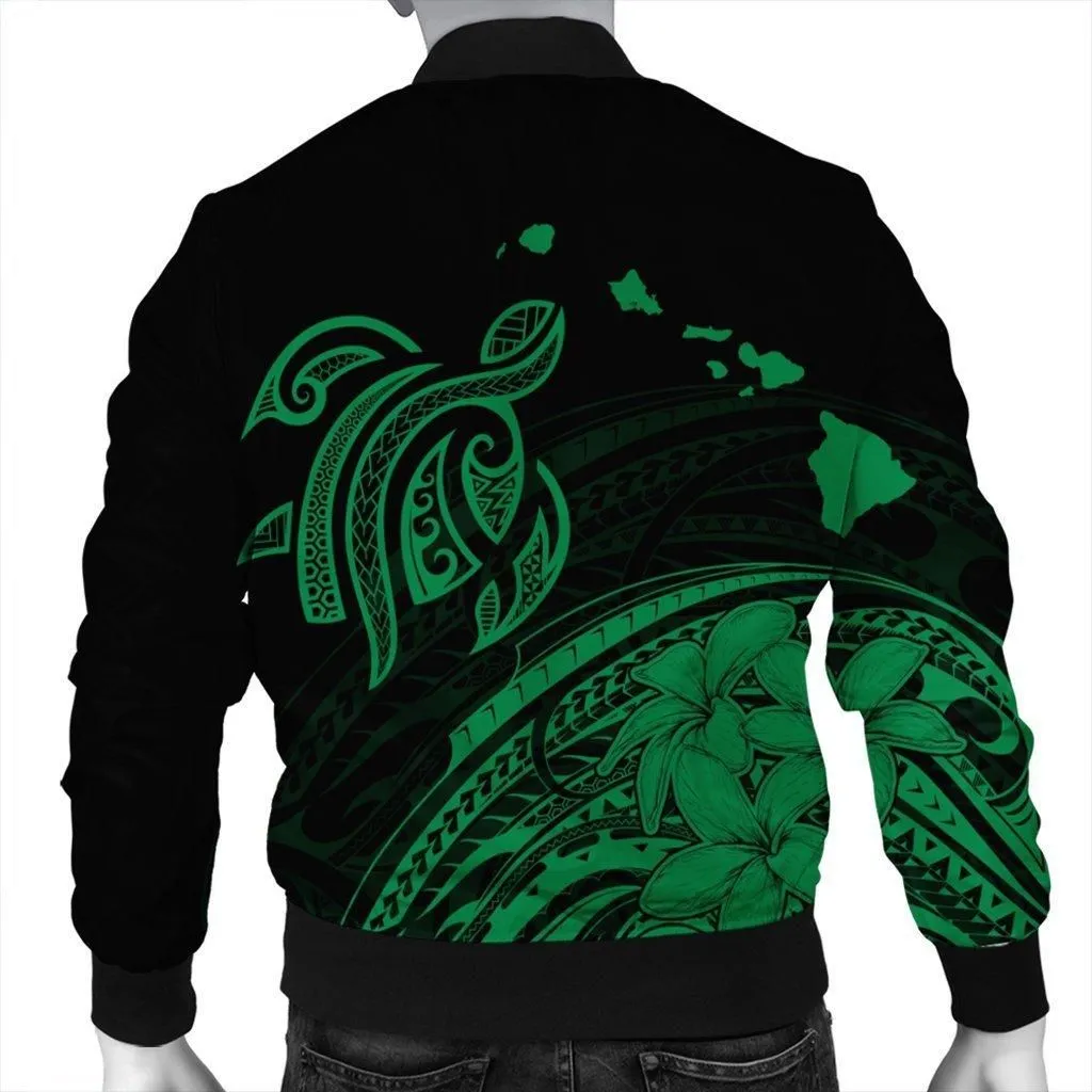 Hawaii Turtle Polynesian Map Plumeria Bomber Jacket Green