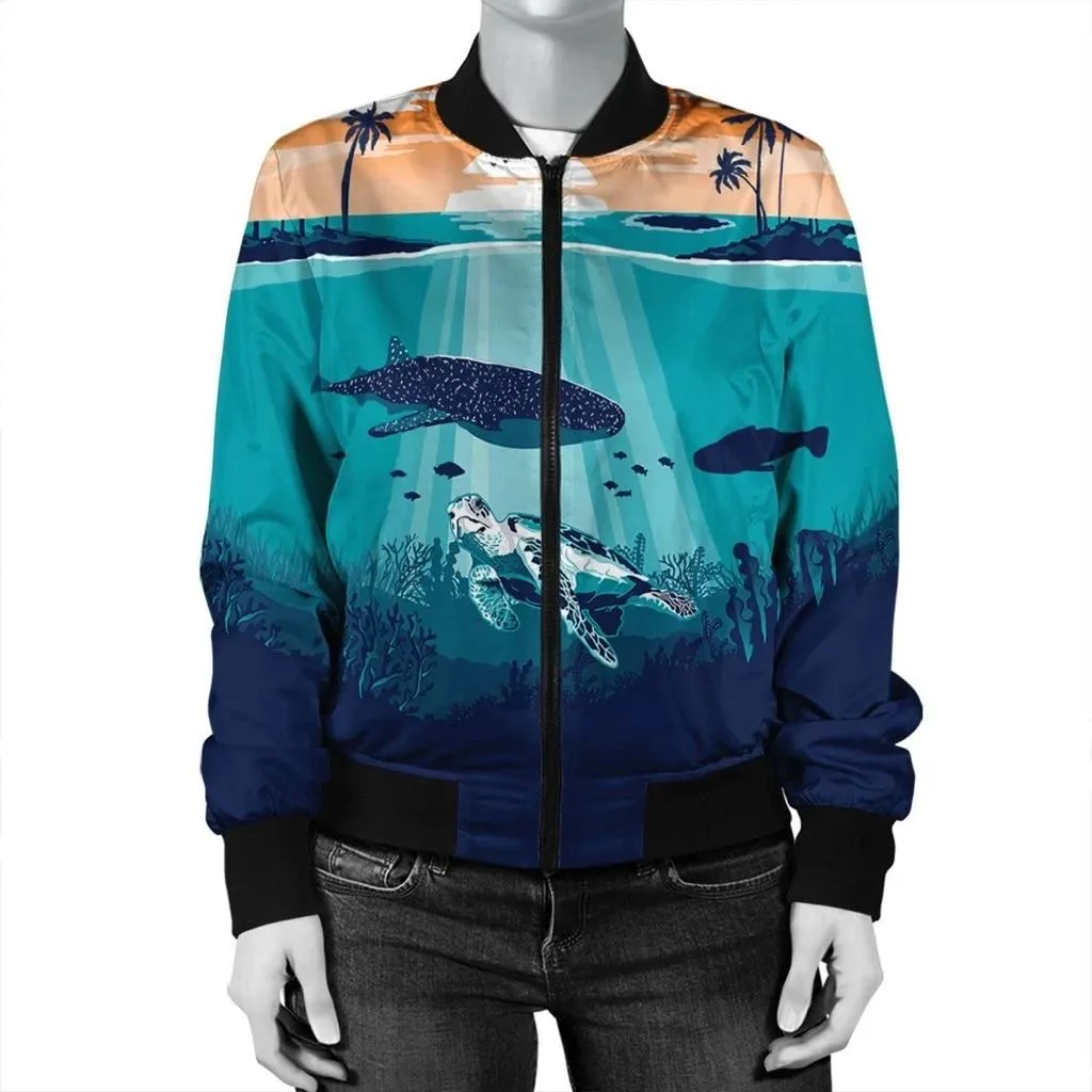 Alohawaii Jacket - Hawaiian Whale And Turtle In Sunset Polynesian Bomber Jacket - AH - JR