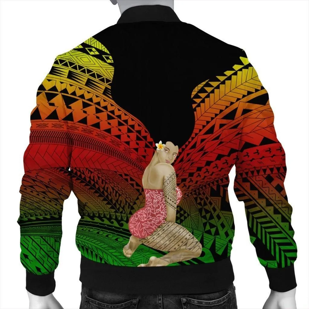 Hawaii Polynesian Hula Girl Wearing Plumeria Bomber Jacket Reggae