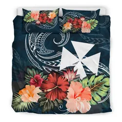 Wallis And Futuna Bedding Set Hibiscus Polynesian Wave Coat Of Arms Duvet Cover Navy TH5