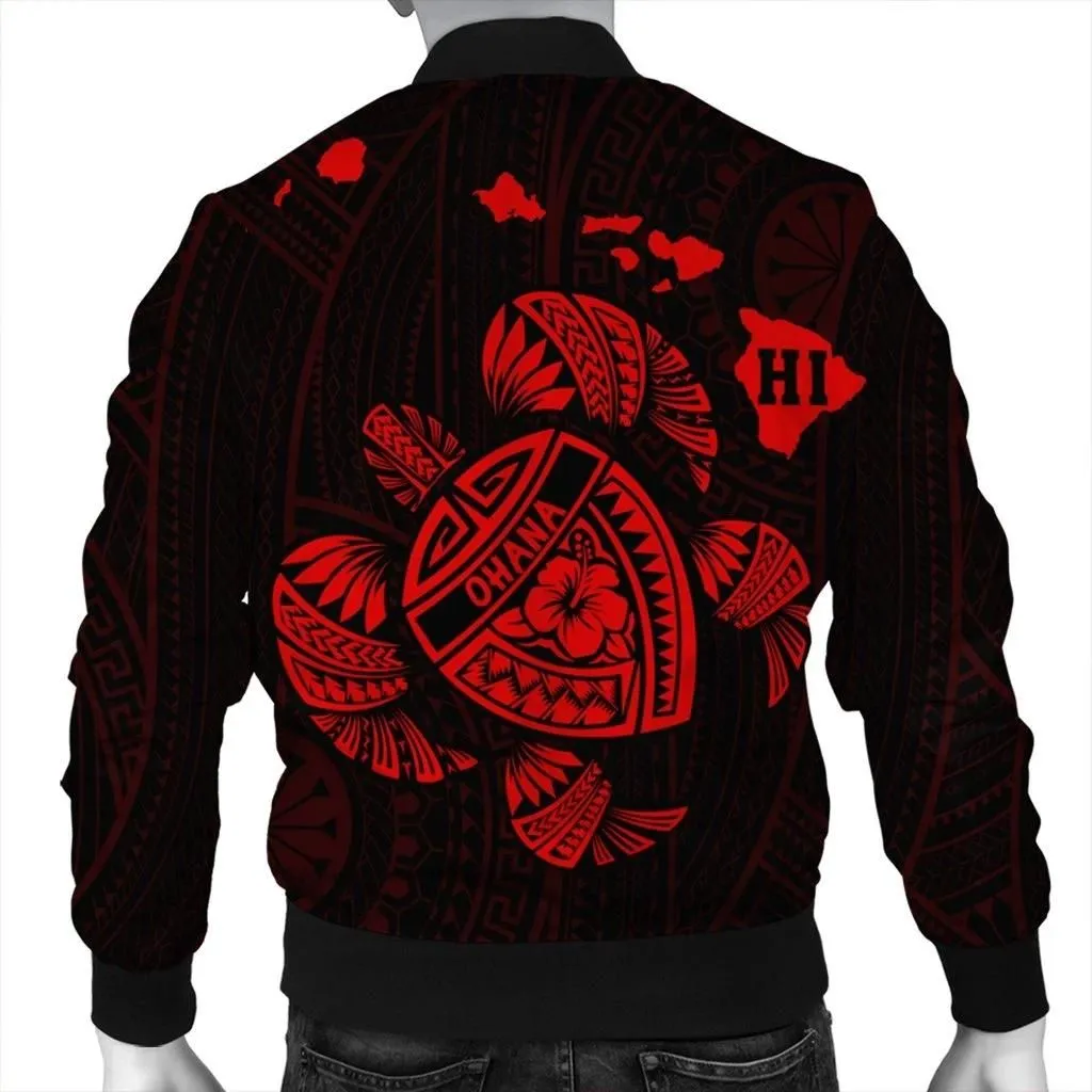 FamilyGaterJacket - Hawaiian Map Turtle Ohana Hibicus Polynesian Bomber Jacket - Red - AH - J6R