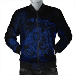 Hawaiian Map Turtle Tattoo Hibiscus Plumeria Polynesian Bomber Jacket - Blue - AH