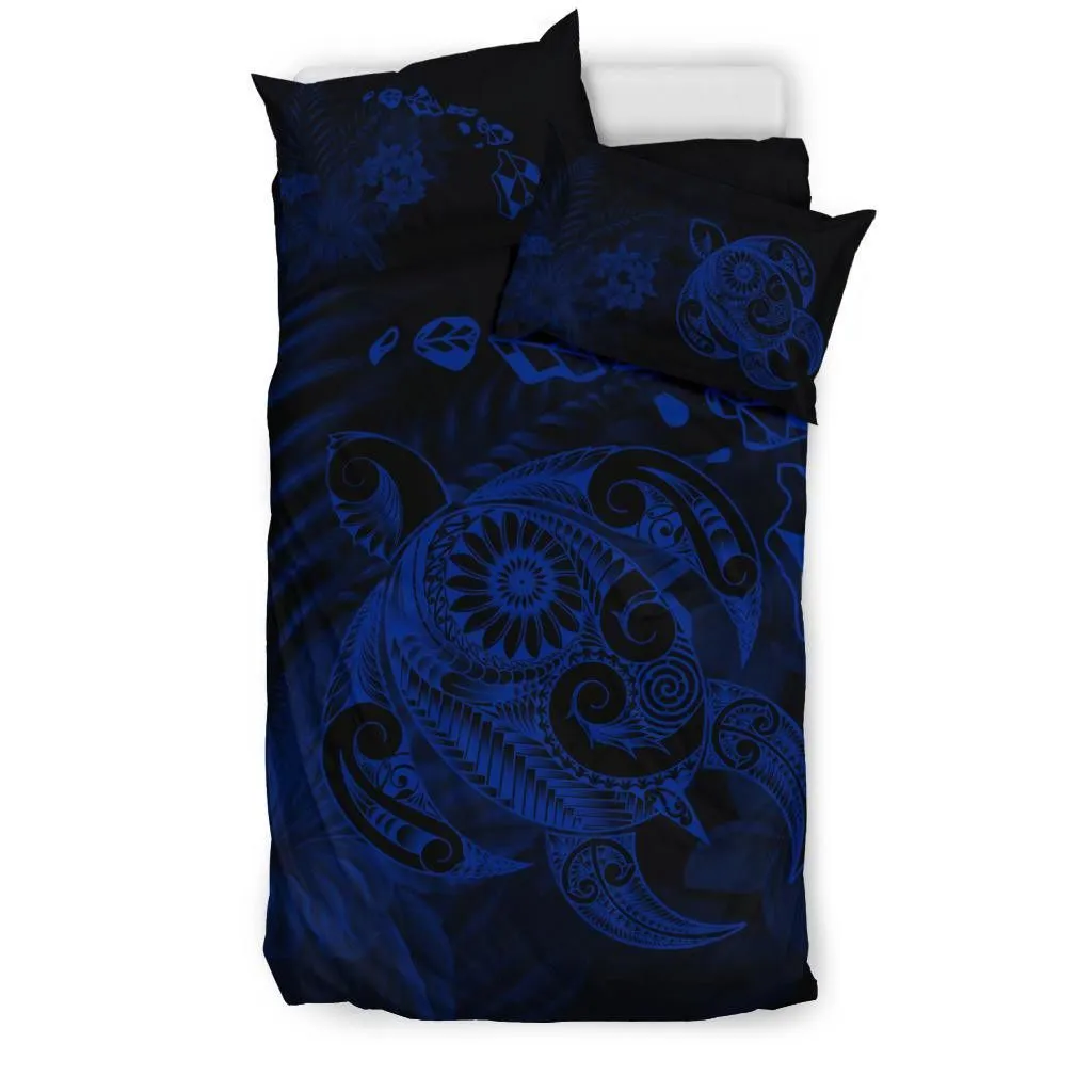 Hawaiian Map Turtle Tattoo Hibiscus Plumeria Polynesian Bedding Set - Blue - AH - J4