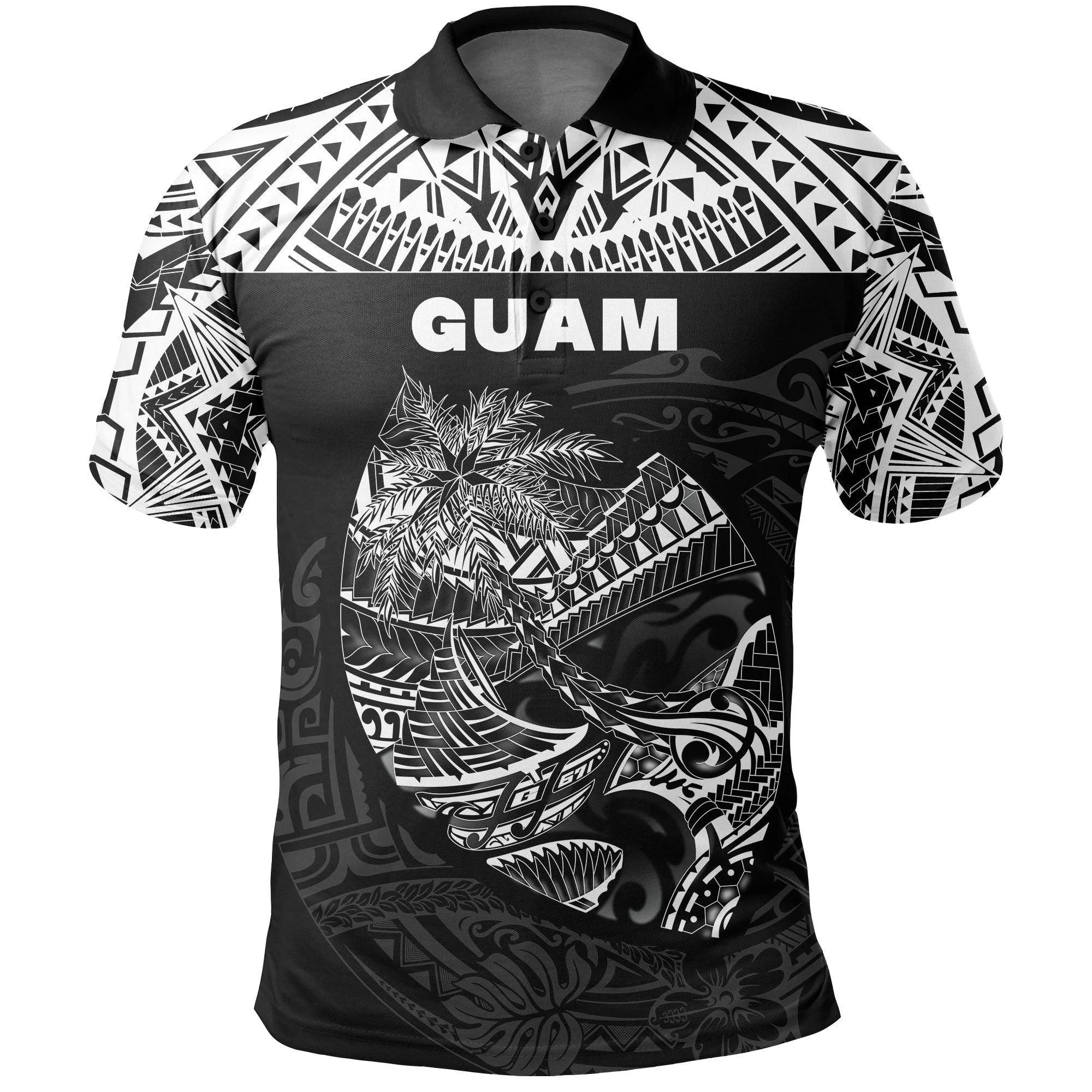 (Custom Personalised) Guam Rugby Polo Shirt Polynesian Patterns - Black LT16