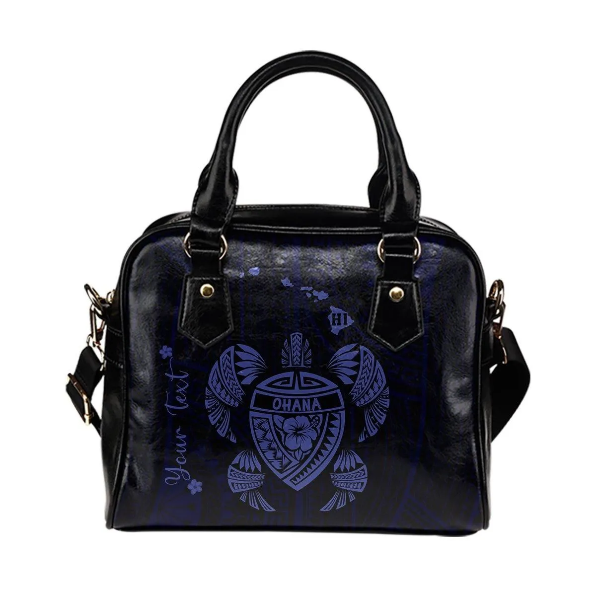 Personalized - Hawaii Kakau Polynesian Ohana Turtle Map Shoulder Handbag - Blue