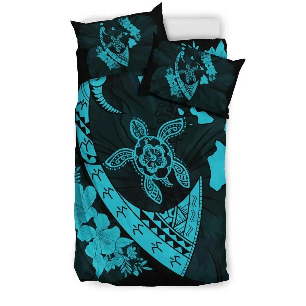 FamilyGater Home Set - Hawaiian Map Hibiscus Turtle Fish Hook Polynesian Bedding Set Blue - AH - J5