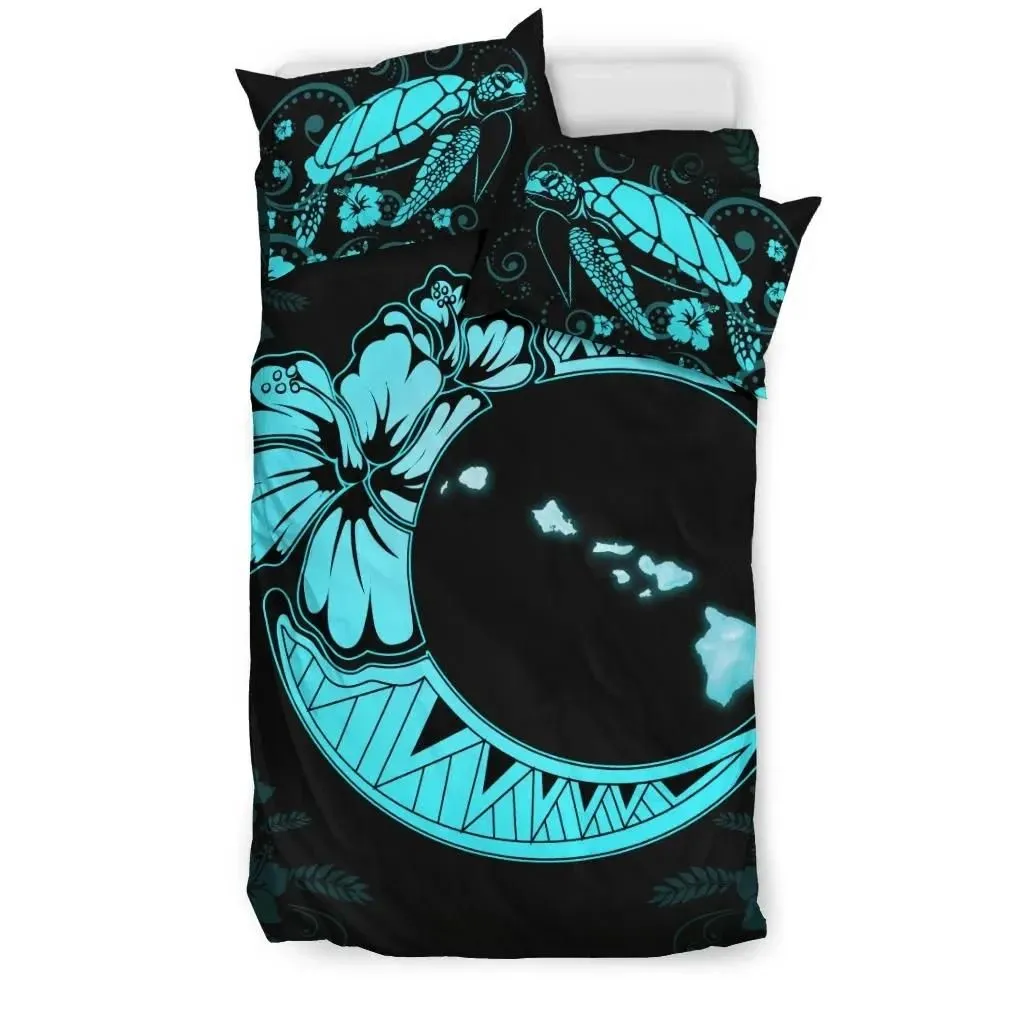 FamilyGater Home Set - Hawaiian Map Hibiscus Turtle Polynesian Moon Bedding Set Blue  - AH - J1