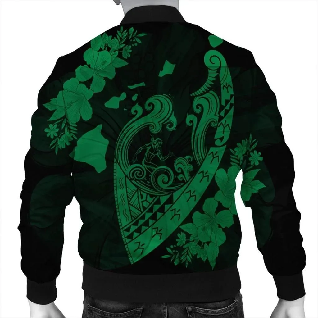 FamilyGaterJacket - Hawaiian Fish Hook Hibiscus Banzai Surfing Polynesian Bomber Jacket Green - AH - J5R