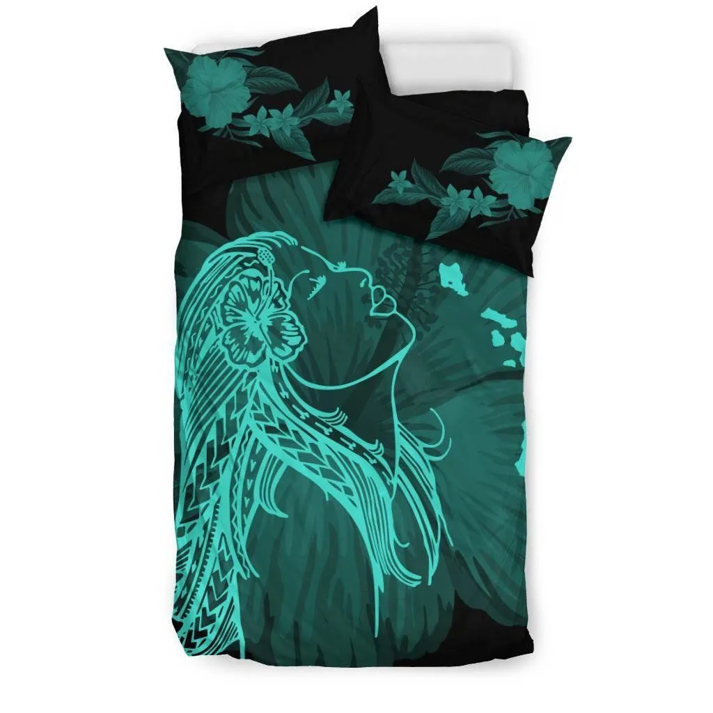 FamilyGater Bedding Set - Cover and Pillow Cases Hawaiian Map Heart Hula Girl Hibiscus Polynesian - Turquoise - AH J4