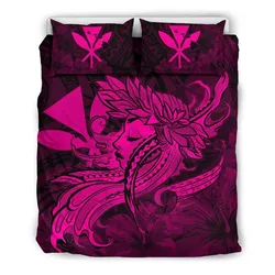 Hawaiian Map Hula Girl Hibiscus Kanaka Polynesian Bedding Set - Pink - AH J4