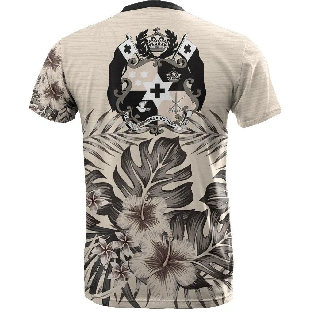Tonga T shirt - Tonga Coat Of Arms Beige Hibiscus