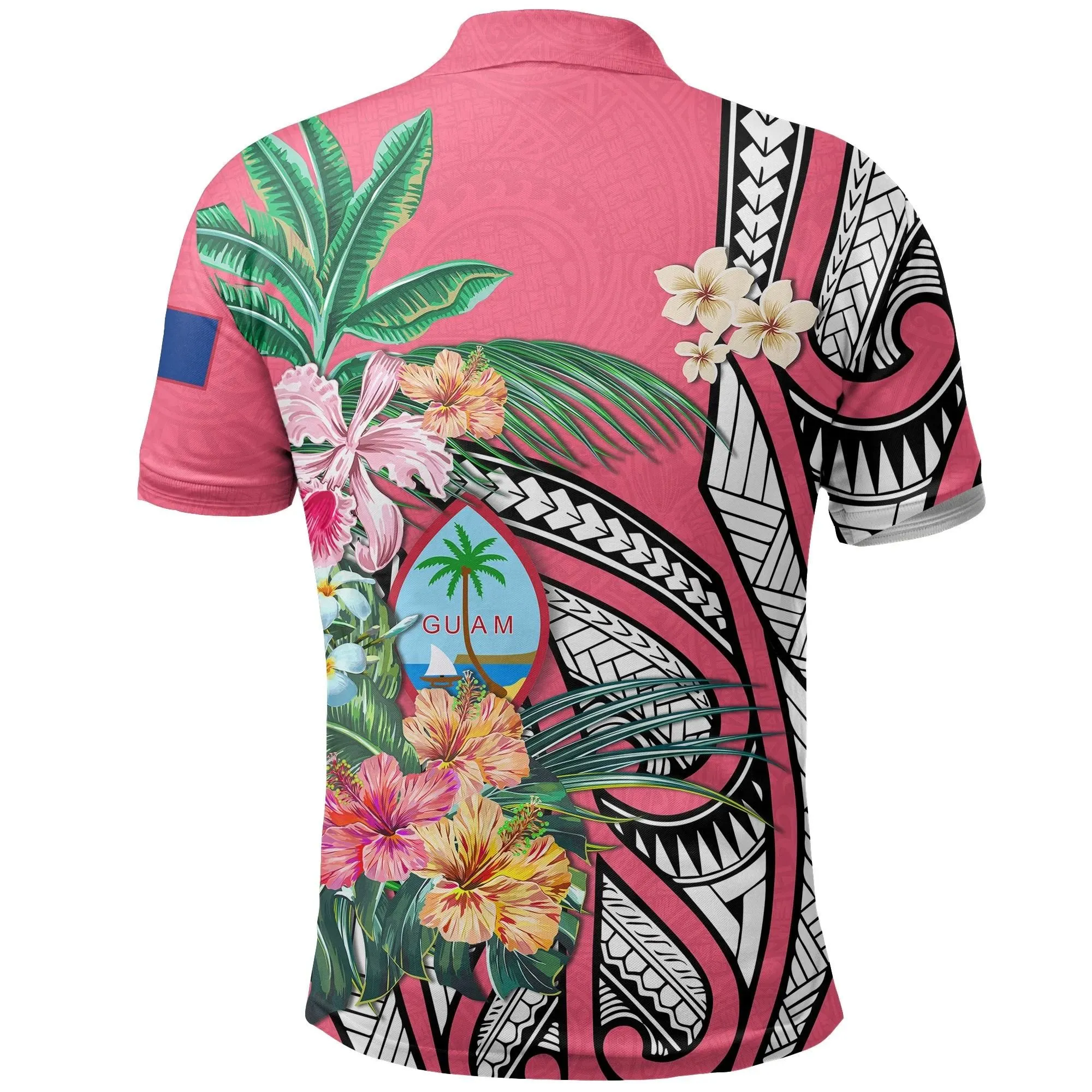 Guam Polo Shirt Coat Of Arms Polynesian With Hibiscus Pink TH5