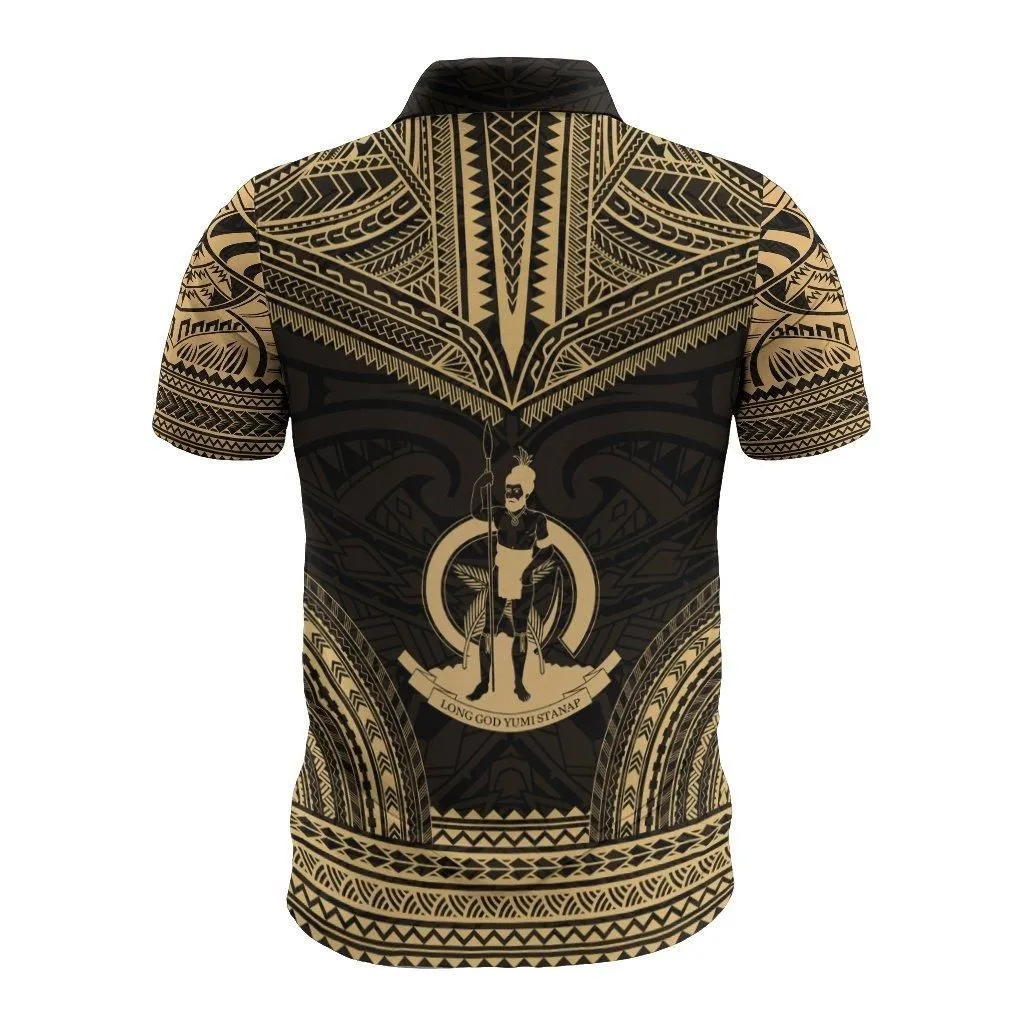 Vanuatu Polo Shirt - Vanuatu Coat Of Arms Polynesian Chief Tattoo Gold Version
