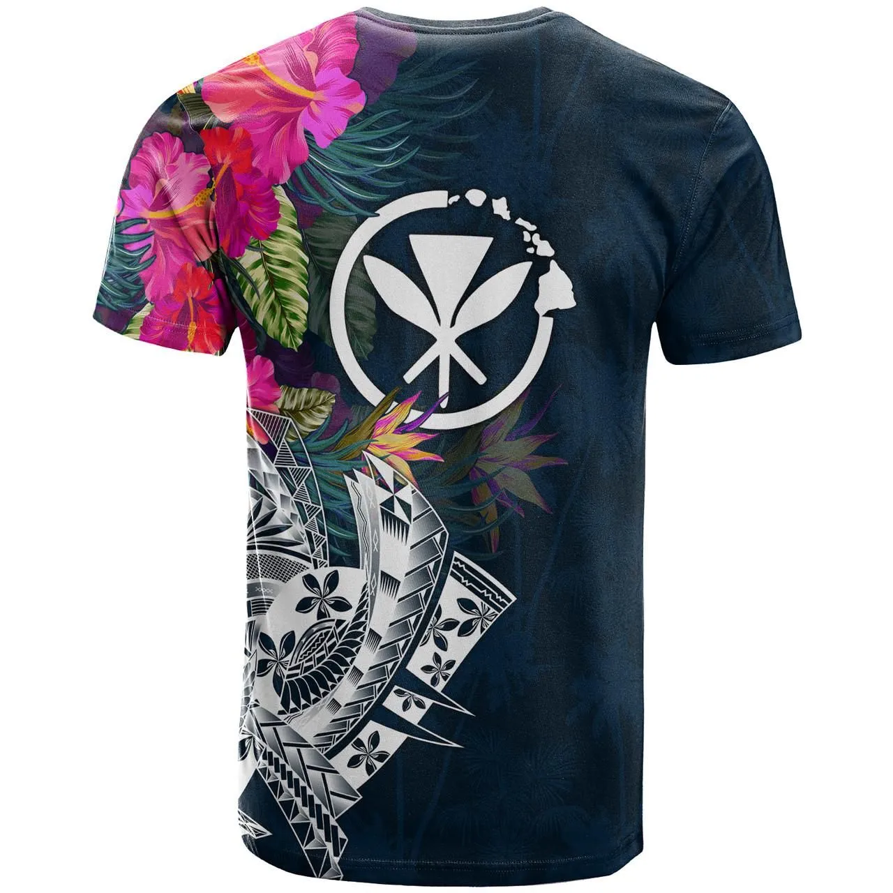 Personalized Kanaka Maoli T-shirt - Hawaii Polynesian Waves with Plumeria Flowers (Blue)