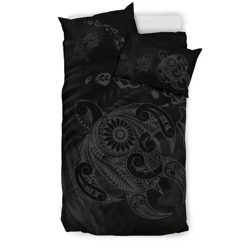 FamilyGater Home Set - Hawaiian Map Turtle Tattoo Hibiscus Plumeria Polynesian Bedding Set - Gray - AH - J4