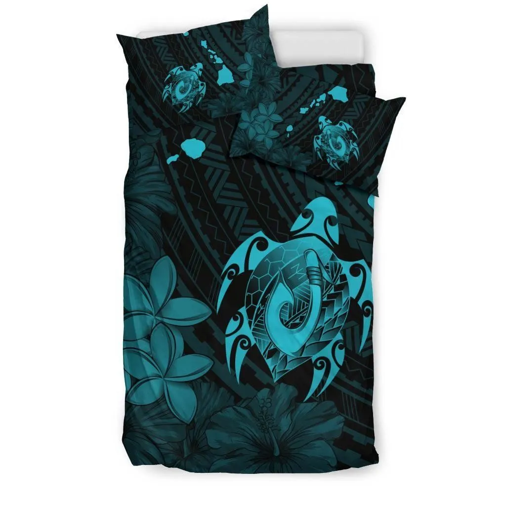 FamilyGater Bedding Set - Cover and Pillow Cases Hawaiian Map Turtle Plumeria Hibiscus Fish Hook Polynesian Blue - AH - J5