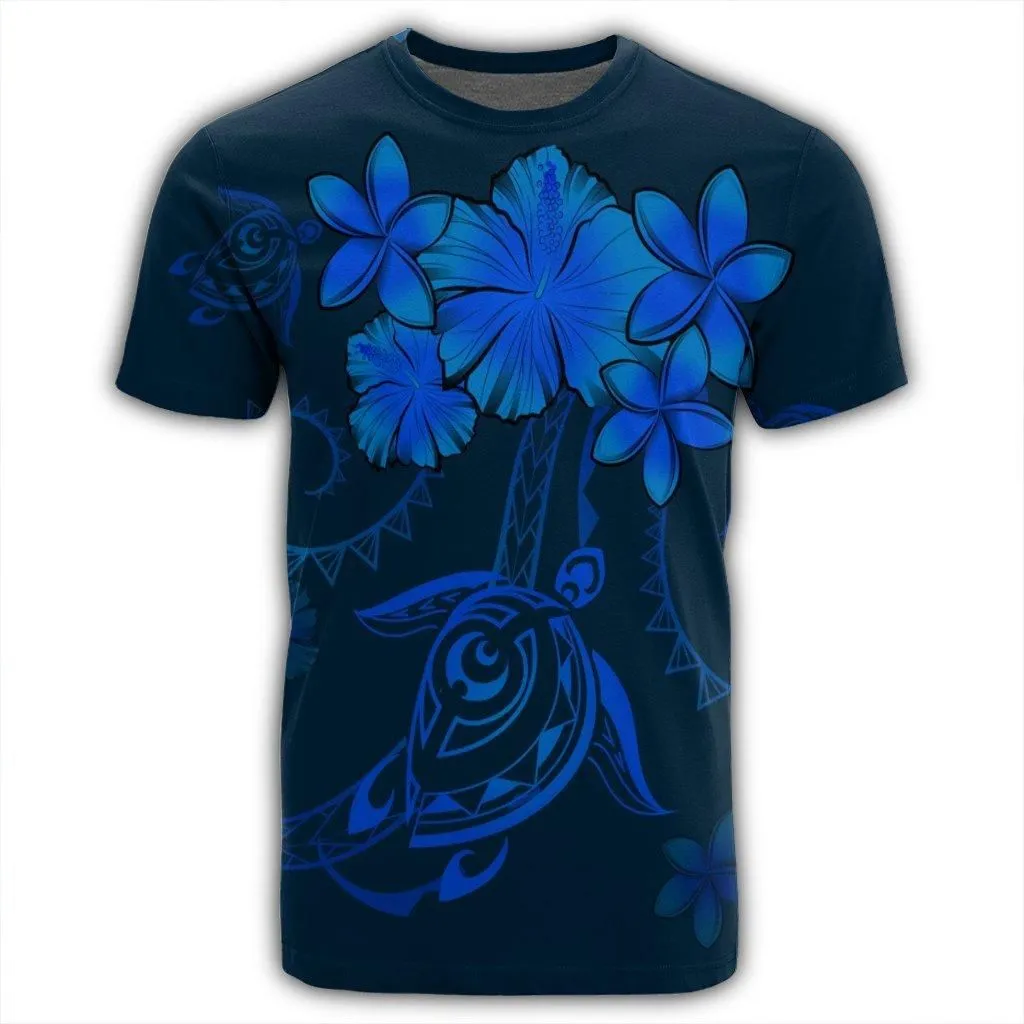 Hawaiian Turtles Hibiscus Plumeria Polynesian T-Shirt - Blue - AH