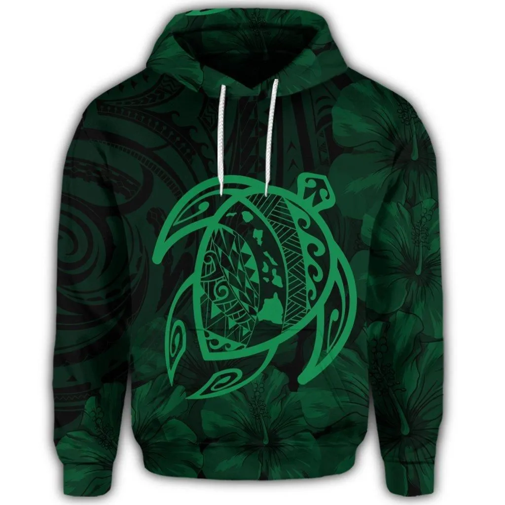Hawaiian Map Turtle Kanaka Hibiscus Polynesian Hoodie - Green