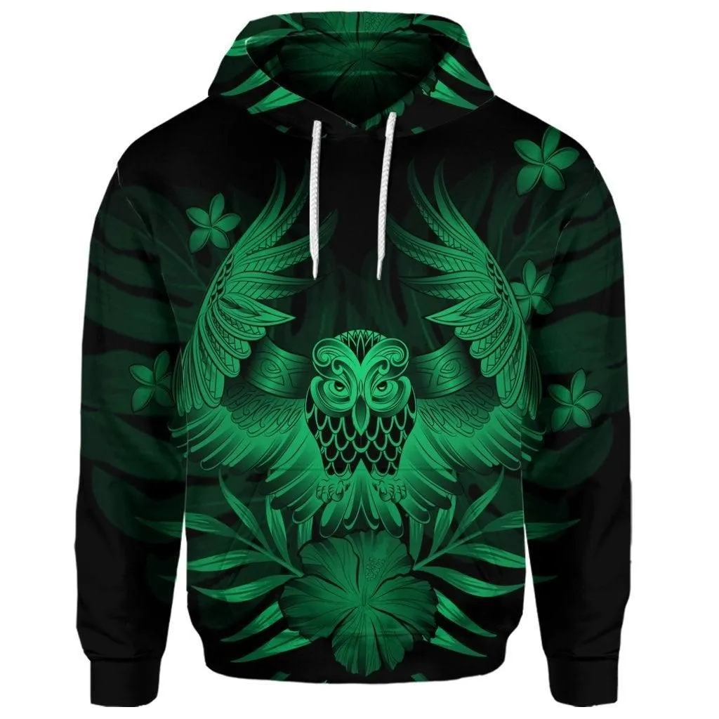 (Personalised) Hawaiian Owl Hibiscus Plumeria Polynesian Hoodie - Green