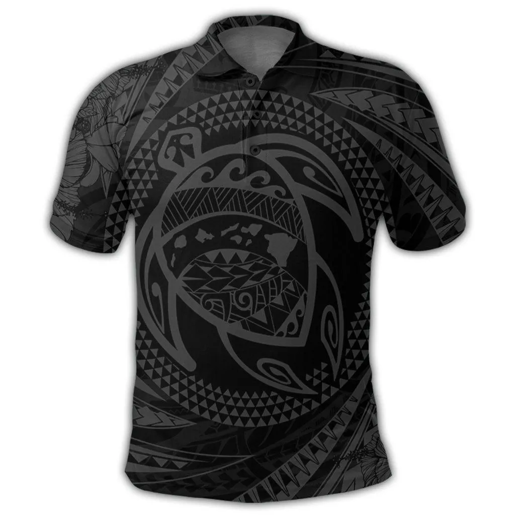 Hawaiian Kanaka Honu Hibiscus Tornando Polynesian Gray Polo Shirt - AH