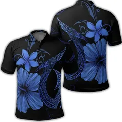 Alohawaii Shirt - Hawaiian Fish Hook Hibiscus Plumeria Polynesian Polo Shirt - Blue - AH - J4R