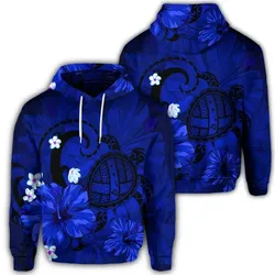 Alohawaii Hoodie - Hawaiian Map Big Turtle Hibiscus Plumeria Tribal Polynesian Hoodie - Blue - AH - J6R